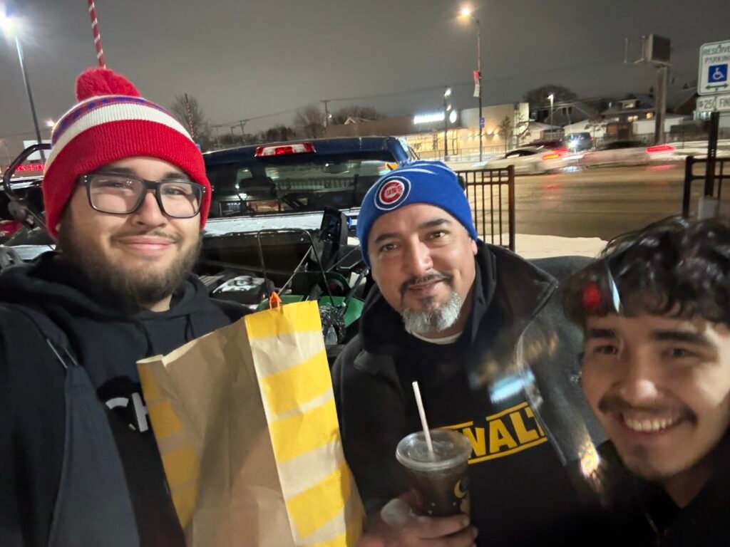 Home run curb appeal crew getting food after snow removal in chicago illinois